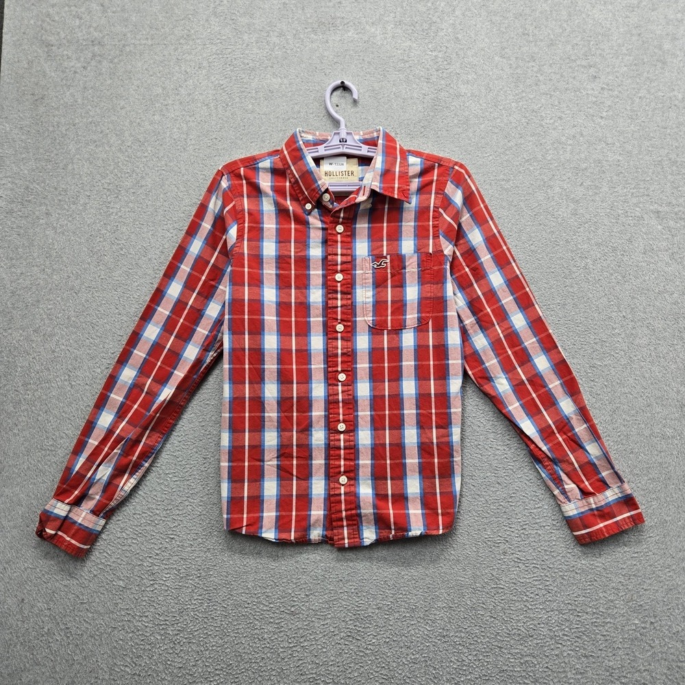 Hollister‎ Men Button Up Shirt S Red Embroidered Plaid Casual Long Sleeve